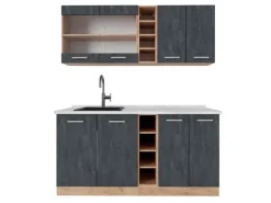 Vicco R-Line Mini-Küche Schwarz Beton/Goldkraft Eiche 160 cm AP Marmor ohne E-Geräte