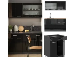 Vicco R-Line Mini-Küche Schwarz Hochglanz/Anthrazit 140 cm ohne Arbeitsplatte ohne E-Geräte
