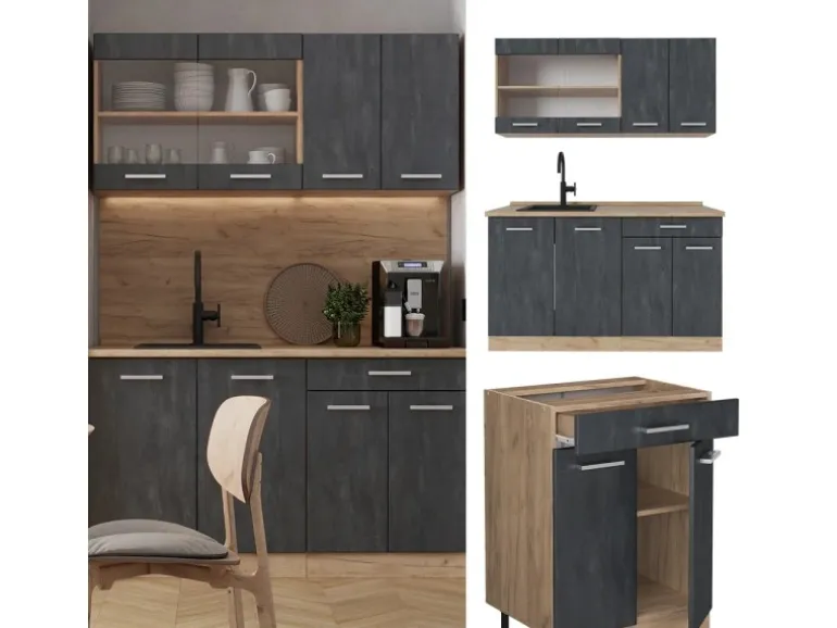 Vicco R-Line Mini-Küche Schwarz Beton/Goldkraft Eiche 140 cm AP Marmor ohne E-Geräte