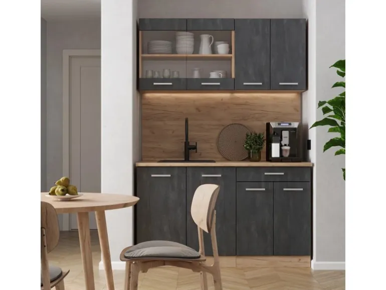 Vicco R-Line Mini-Küche Schwarz Beton/Goldkraft Eiche 140 cm AP Marmor ohne E-Geräte