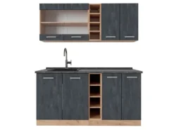 Vicco R-Line Mini-Küche Schwarz Beton/Goldkraft Eiche 160 cm AP Anthrazit ohne E-Geräte