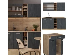 Vicco R-Line Mini-Küche Schwarz Beton/Goldkraft Eiche 160 cm AP Anthrazit ohne E-Geräte