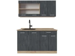 Vicco R-Line Mini-Küche Schwarz Beton/Goldkraft Eiche 140 cm AP Eiche ohne E-Geräte