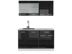 Vicco R-Line Mini-Küche Schwarz Hochglanz 140 cm AP Marmor ohne E-Geräte