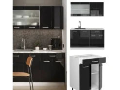 Vicco R-Line Mini-Küche Schwarz Hochglanz 140 cm AP Marmor ohne E-Geräte