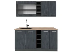 Vicco R-Line Mini-Küche Schwarz Beton/Anthrazit 160 cm AP Eiche ohne E-Geräte