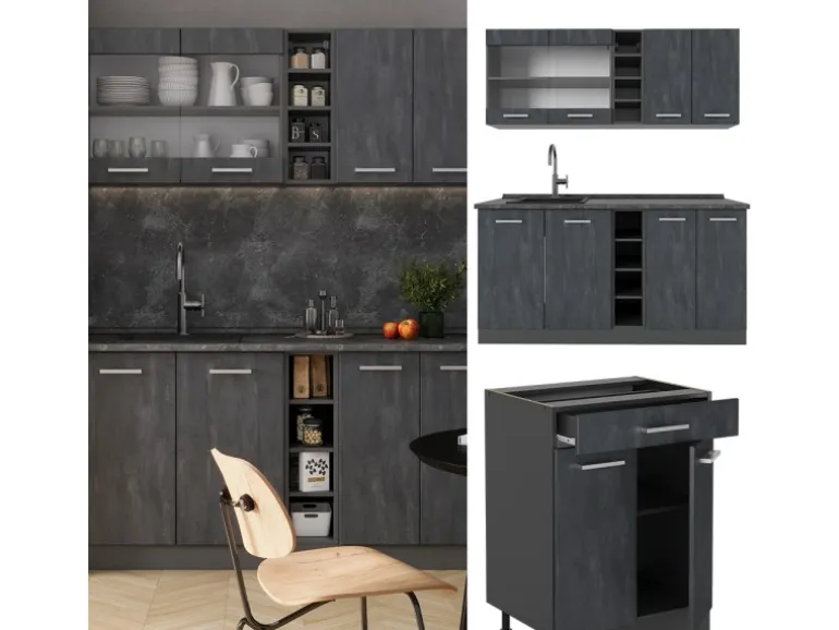 Vicco R-Line Mini-Küche Schwarz Beton/Anthrazit 160 cm AP Eiche ohne E-Geräte