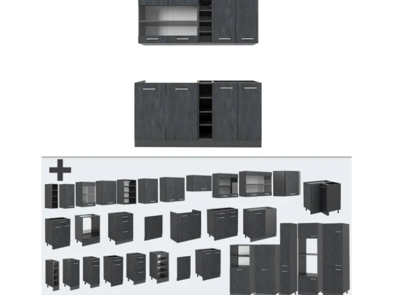 Vicco R-Line Mini-Küche Schwarz Beton/Anthrazit 160 cm AP Eiche ohne E-Geräte