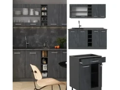 Vicco R-Line Mini-Küche Schwarz Beton/Anthrazit 160 cm ohne Arbeitsplatte ohne E-Geräte