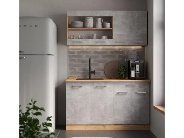 Vicco R-Line Single Küche Beton/Goldkraft Eiche 140 cm AP Anthrazit ohne E-Geräte