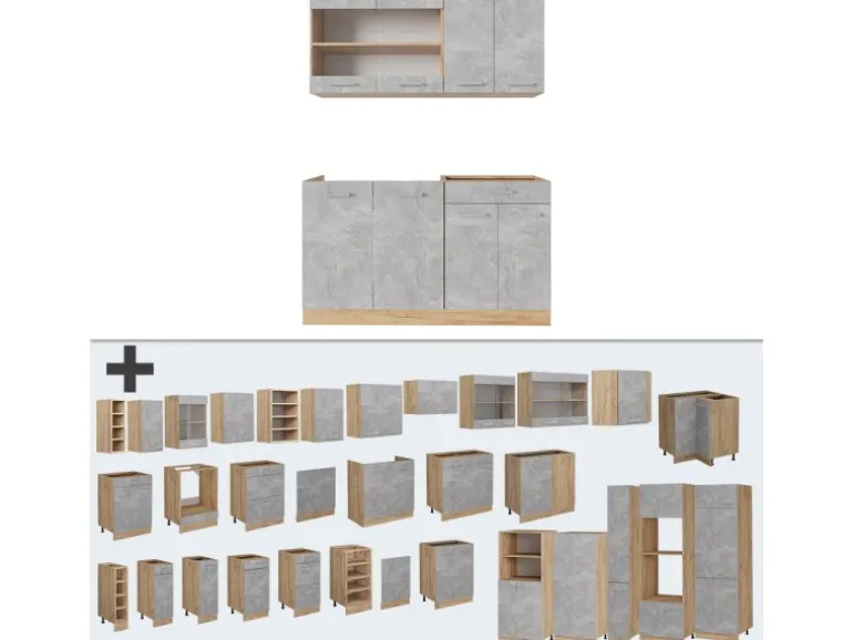 Vicco R-Line Single Küche Beton/Goldkraft Eiche 140 cm AP Anthrazit ohne E-Geräte