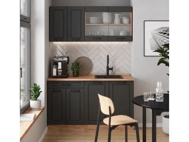 Vicco R-Line Singleküche Anthrazit Landhaus/Goldkraft Eiche 140 cm AP Marmor ohne E-Geräte