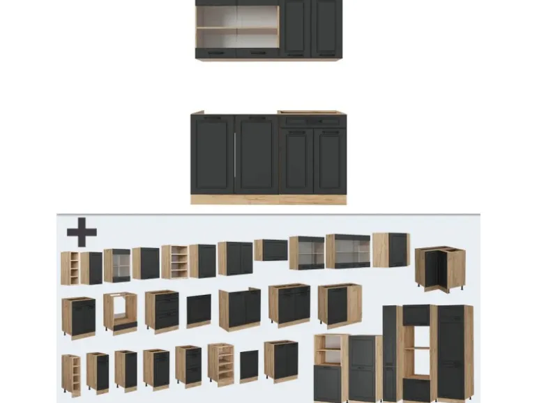 Vicco R-Line Singleküche Anthrazit Landhaus/Goldkraft Eiche 140 cm AP Marmor ohne E-Geräte