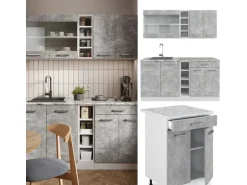 Vicco R-Line Singleküche Beton/Weiß 160 cm AP Eiche ohne E-Geräte