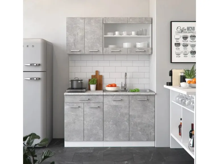 Vicco R-Line Singleküche Beton/Weiß 140 cm AP Eiche ohne E-Geräte