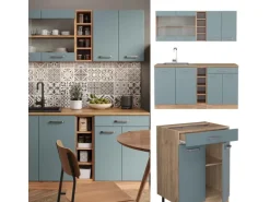 Vicco R-Line Singleküche Blau-Grau/Goldkraft Eiche 160 cm AP Eiche ohne E-Geräte