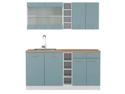 Vicco R-Line Singleküche Blau-Grau/Weiß 160 cm AP Eiche ohne E-Geräte