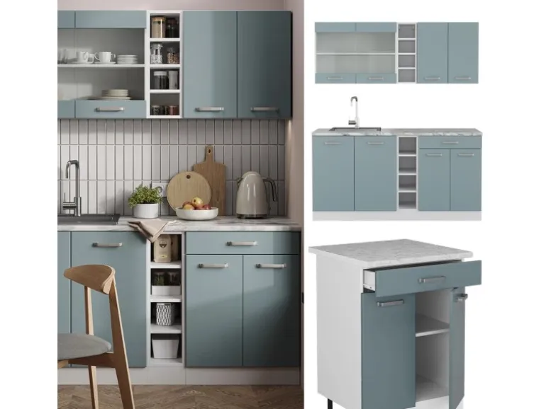 Vicco R-Line Singleküche Blau-Grau/Weiß 160 cm AP Eiche ohne E-Geräte