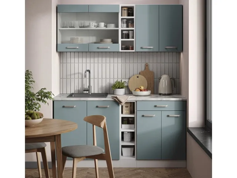 Vicco R-Line Singleküche Blau-Grau/Weiß 160 cm AP Eiche ohne E-Geräte