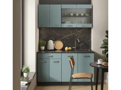 Vicco R-Line Singleküche Blau-Grau/Anthrazit 140 cm AP Marmor ohne E-Geräte