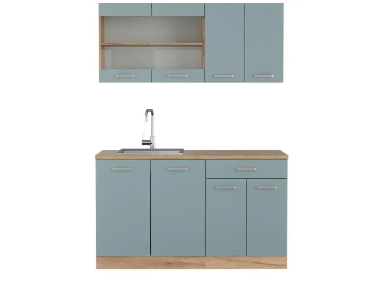 Vicco R-Line Singleküche Blau-Grau/Goldkraft Eiche 140 cm AP Eiche ohne E-Geräte