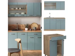 Vicco R-Line Singleküche Blau-Grau/Goldkraft Eiche 140 cm AP Eiche ohne E-Geräte