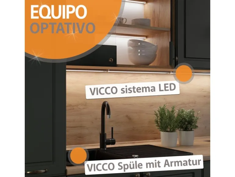 Vicco R-Line Singleküche Blau-Grau/Goldkraft Eiche 140 cm AP Eiche ohne E-Geräte