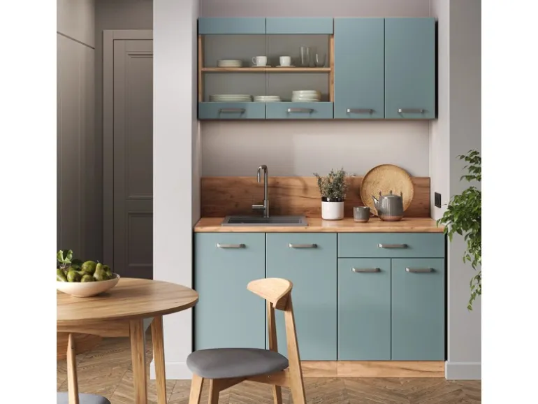 Vicco R-Line Singleküche Blau-Grau/Goldkraft Eiche 140 cm AP Eiche ohne E-Geräte