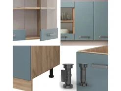 Vicco R-Line Singleküche Blau-Grau/Goldkraft Eiche 140 cm AP Eiche ohne E-Geräte