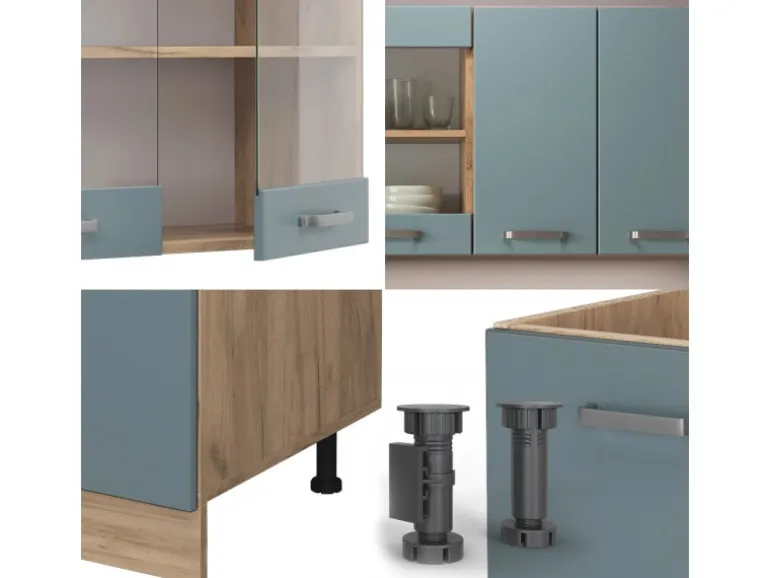 Vicco R-Line Singleküche Blau-Grau/Goldkraft Eiche 140 cm AP Eiche ohne E-Geräte