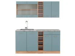 Vicco R-Line Singleküche Blau-Grau/Goldkraft Eiche 160 cm AP Marmor ohne E-Geräte