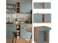 Vicco R-Line Singleküche Blau-Grau/Goldkraft Eiche 160 cm AP Marmor ohne E-Geräte