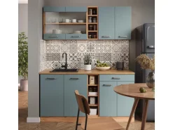 Vicco R-Line Singleküche Blau-Grau/Goldkraft Eiche 160 cm AP Marmor ohne E-Geräte