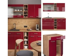 Vicco R-Line Singleküche Bordeaux Hochglanz/Goldkraft Eiche 160 cm AP Marmor ohne E-Geräte