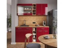 Vicco R-Line Singleküche Bordeaux Hochglanz/Goldkraft Eiche 160 cm AP Marmor ohne E-Geräte