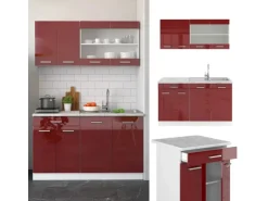 Vicco R-Line Singleküche Bordeaux Hochglanz/Weiß 140 cm AP Eiche ohne E-Geräte