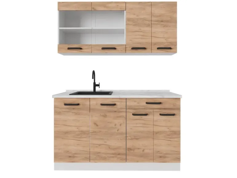 Vicco R-Line Singleküche Goldkraft Eiche/Weiß 140 cm AP Marmor ohne E-Geräte