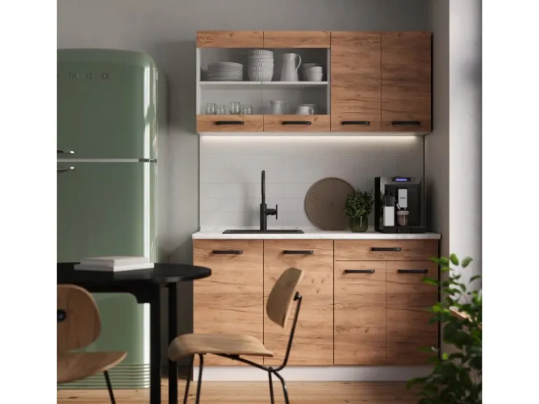 Vicco R-Line Singleküche Goldkraft Eiche/Weiß 140 cm AP Marmor ohne E-Geräte