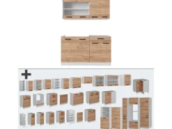 Vicco R-Line Singleküche Goldkraft Eiche/Weiß 140 cm AP Marmor ohne E-Geräte