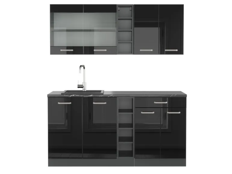 Vicco R-Line Singleküche Schwarz Hochglanz/Anthrazit 160 cm AP Anthrazit ohne E-Geräte