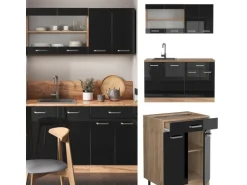 Vicco R-Line Singleküche Schwarz Hochglanz/Goldkraft Eiche 140 cm AP Anthrazit ohne E-Geräte