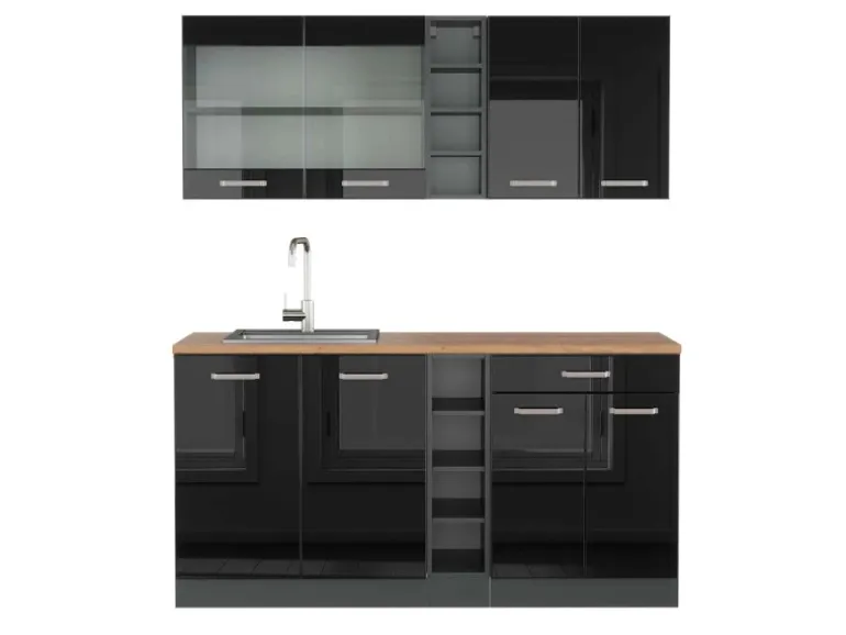 Vicco R-Line Singleküche Schwarz Hochglanz/Anthrazit 160 cm AP Eiche ohne E-Geräte