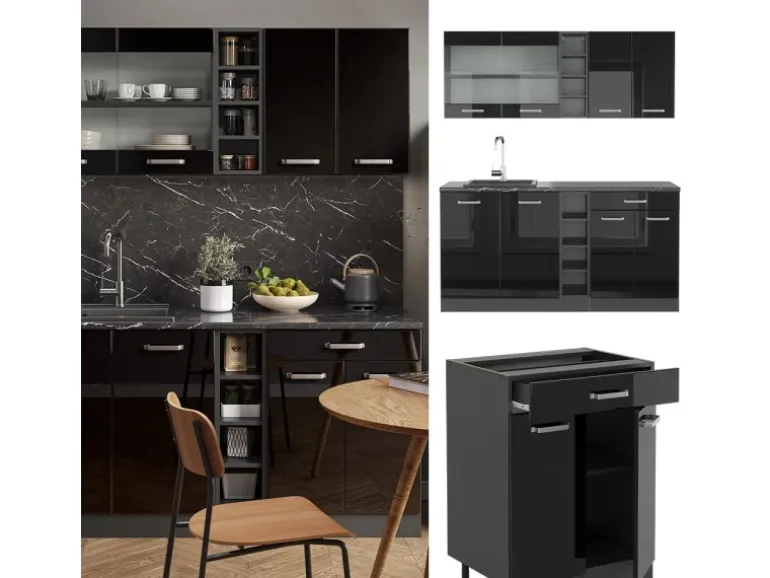 Vicco R-Line Singleküche Schwarz Hochglanz/Anthrazit 160 cm AP Eiche ohne E-Geräte