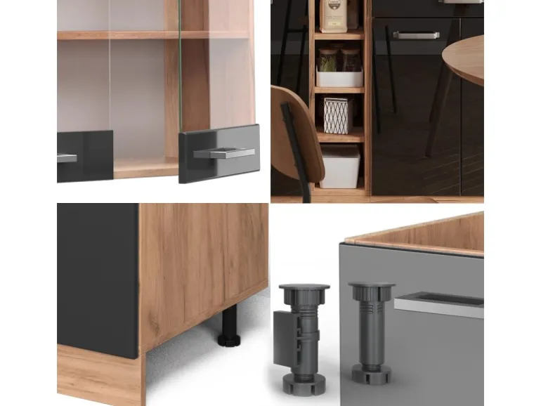 Vicco R-Line Singleküche Schwarz Hochglanz/Goldkraft Eiche 160 cm AP Anthrazit ohne E-Geräte