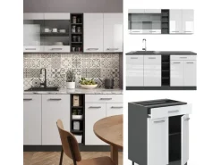 Vicco R-Line Singleküche Weiß Hochglanz/Anthrazit 160 cm AP Marmor ohne E-Geräte