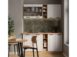 Vicco R-Line Singleküche Weiß Landhaus/Goldkraft Eiche 160 cm AP Marmor ohne E-Geräte