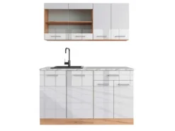 Vicco R-Line Singleküche Weiß Hochglanz/Goldkraft Eiche 140 cm AP Marmor ohne E-Geräte