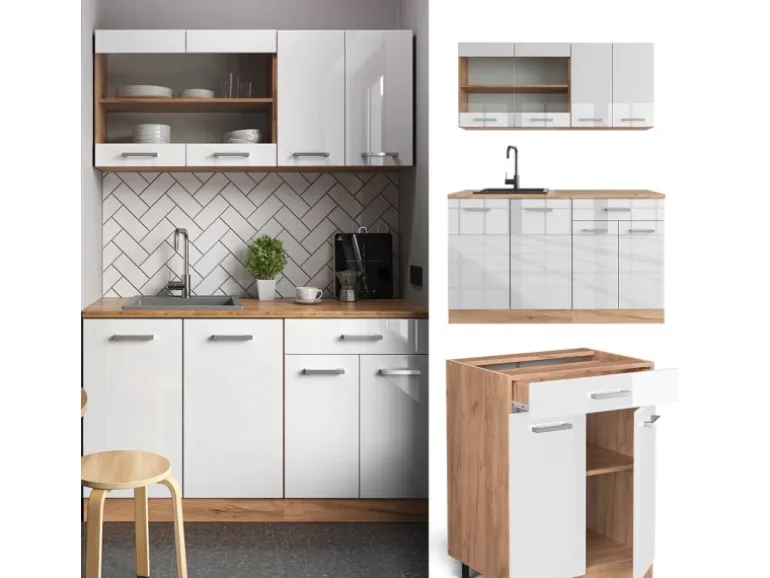 Vicco R-Line Singleküche Weiß Hochglanz/Goldkraft Eiche 140 cm ohne Arbeitsplatte ohne E-Geräte