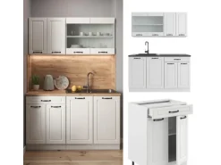 Vicco R-Line Singleküche Weiß Landhaus/Weiß 140 cm ohne Arbeitsplatte ohne E-Geräte