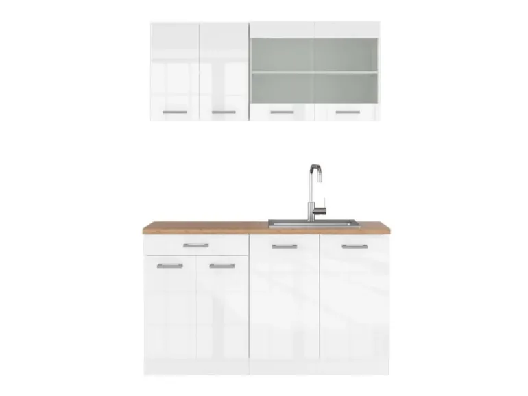 Vicco R-Line Singleküche Weiß Hochglanz/Weiß 140 cm AP Eiche ohne E-Geräte